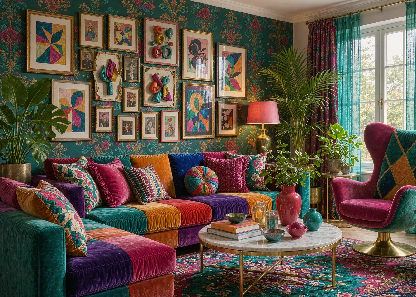 Maximalist dopamine living room with saturated jewel tones