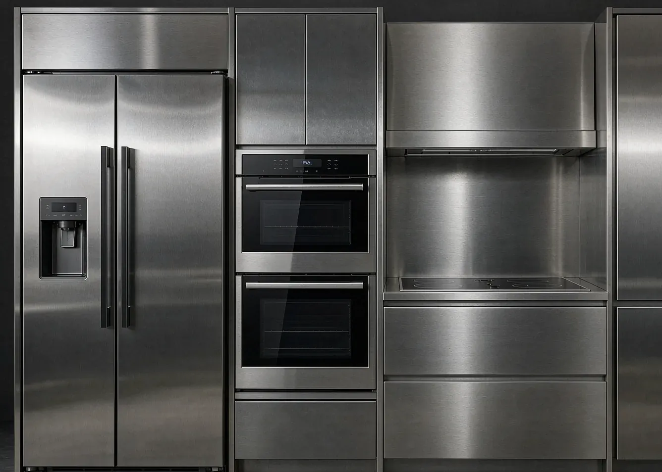 Stainless steel appliance wall anchoring the cooking zone of an open plan kitchen