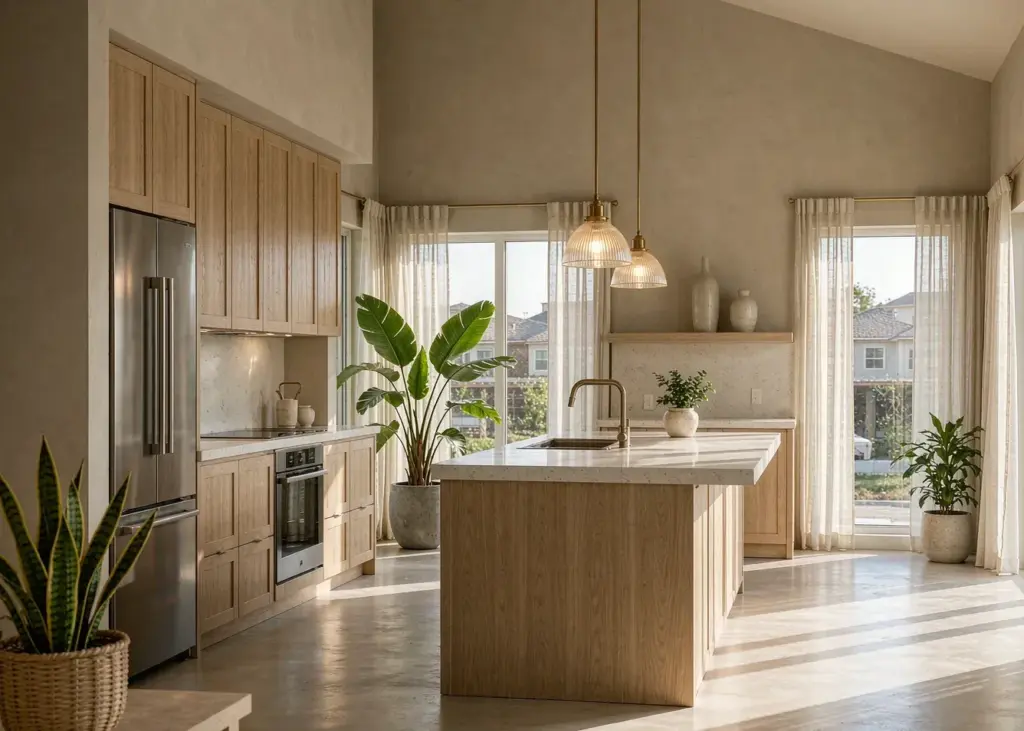 Bright modern kitchen with oak cabinetry, quartz waterfall island and pendant lights