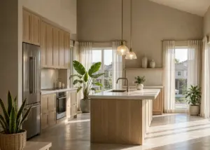 Bright modern kitchen with oak cabinetry, quartz waterfall island and pendant lights