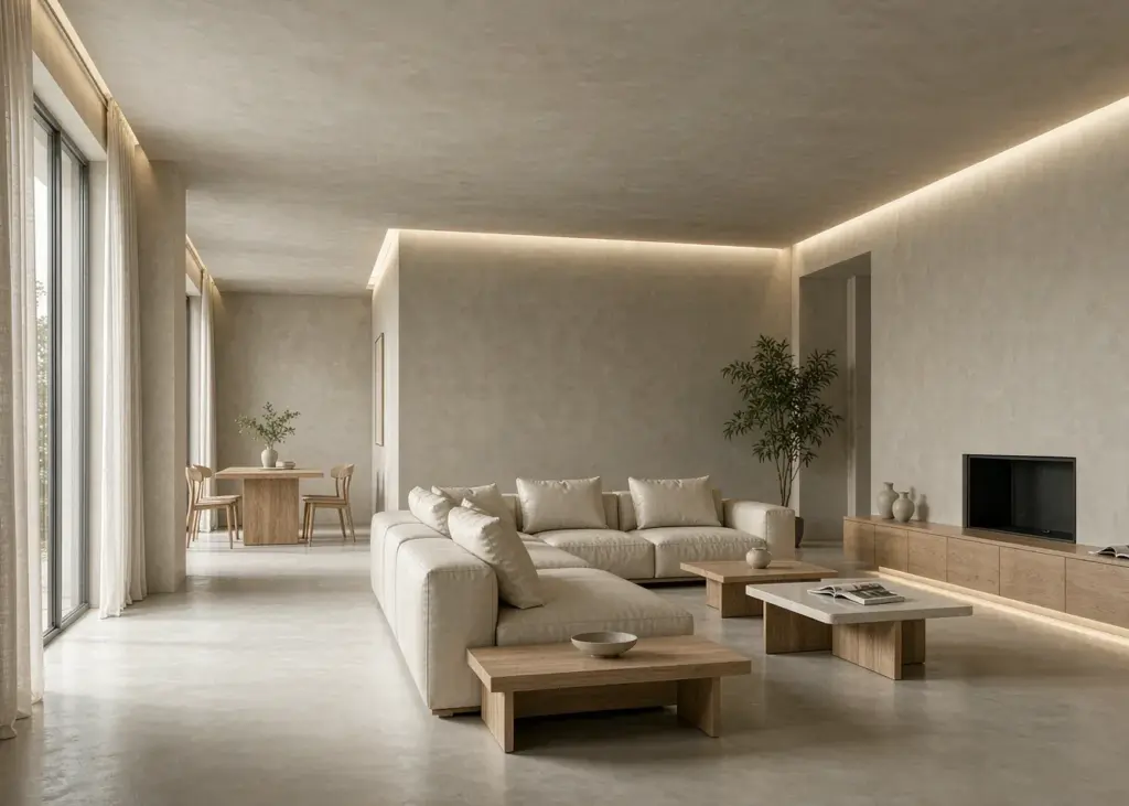 Modern living room with seamless microcement floor-to-wall finish