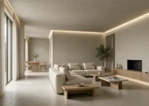 Modern living room with seamless microcement floor-to-wall finish