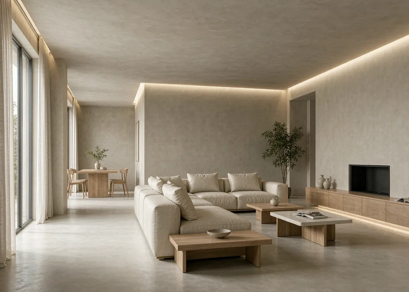 Modern living room with seamless microcement floor-to-wall finish