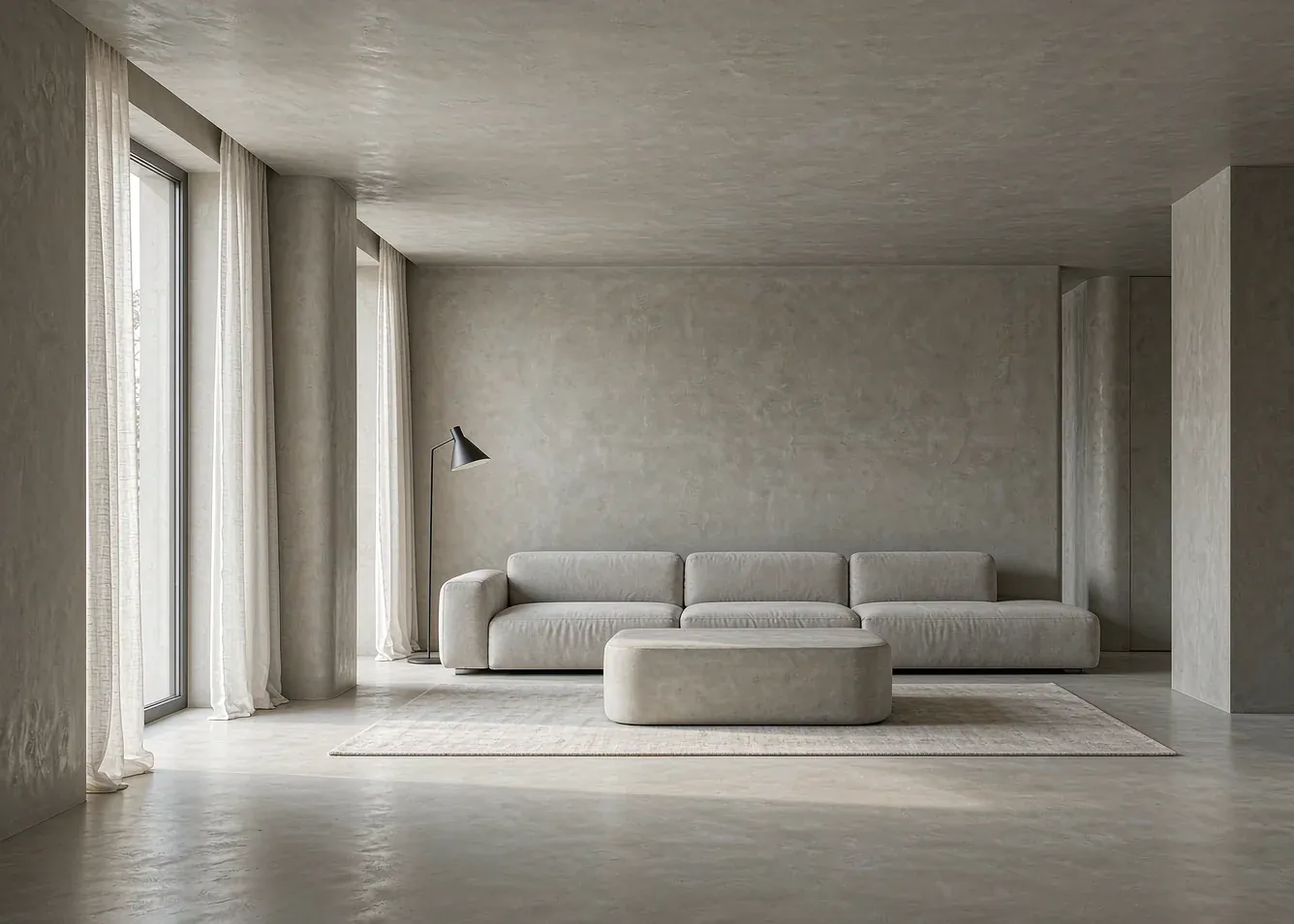 Microcement open-plan living room with continuous floor and walls