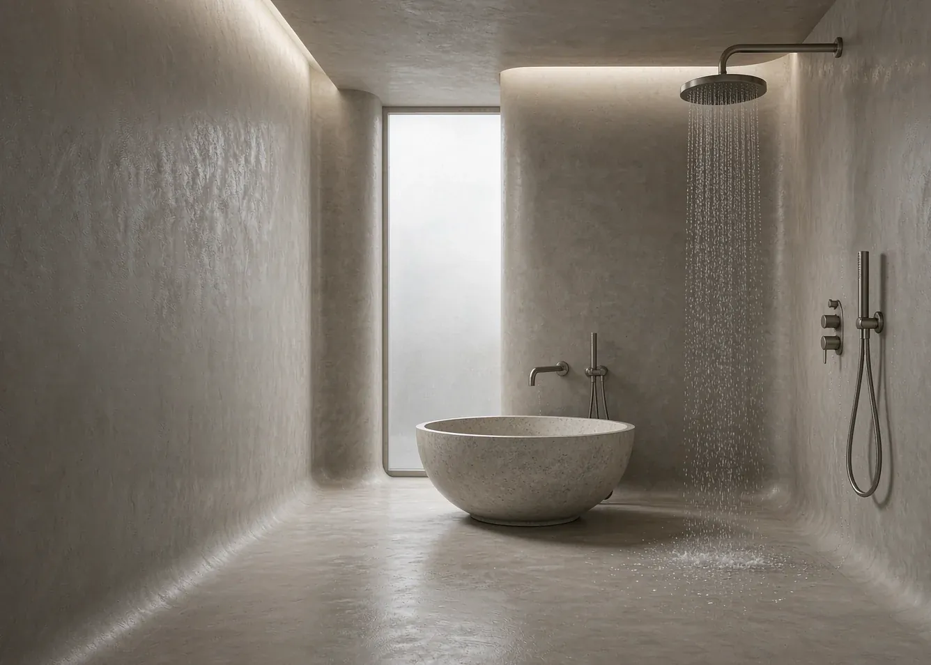 Microcement bathroom wet room with seamless water-resistant surface