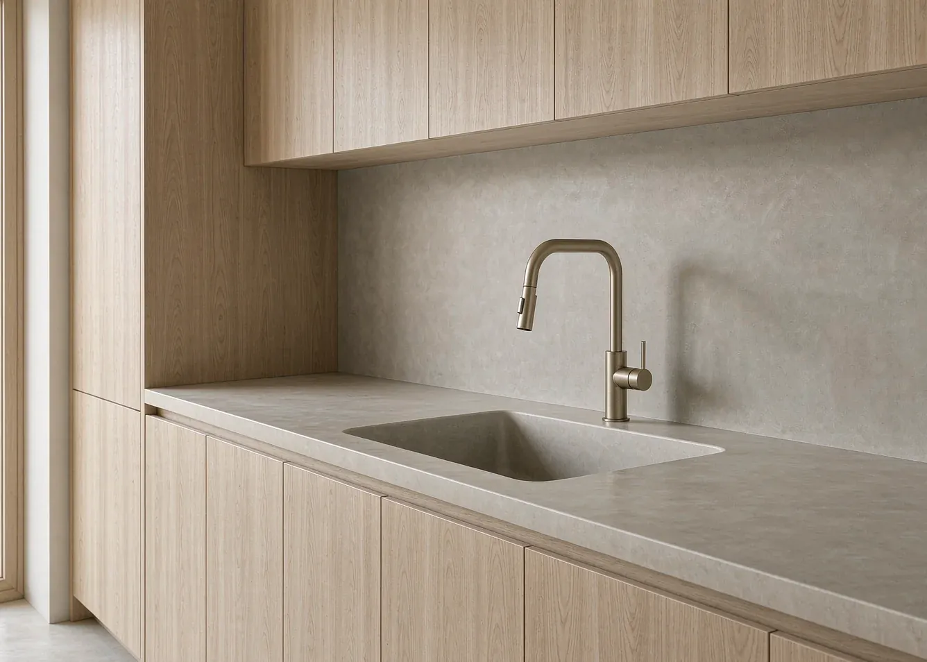 Microcement kitchen with seamless countertop and backsplash