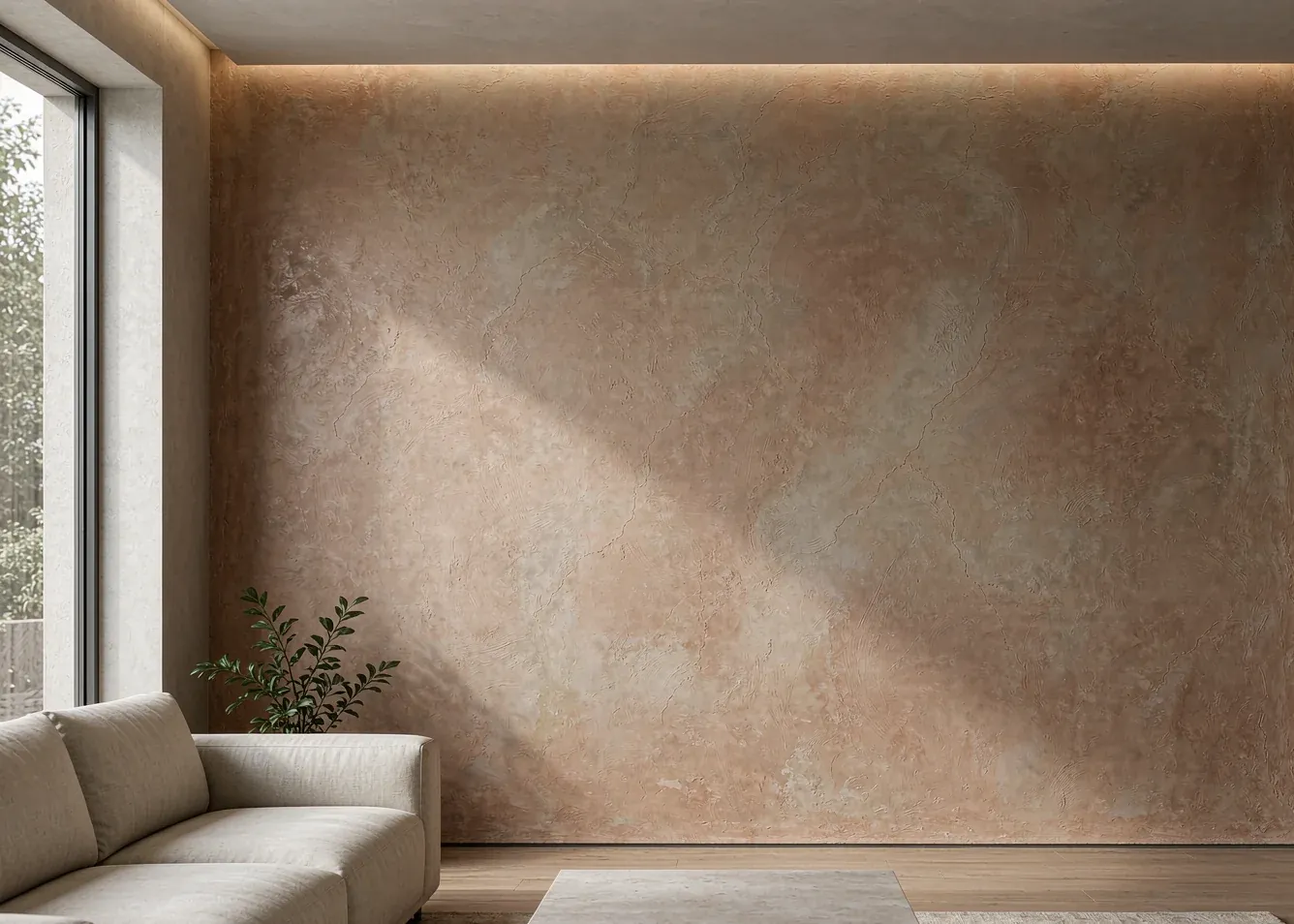 Artistic textured lime plaster feature wall with hand-troweled finish