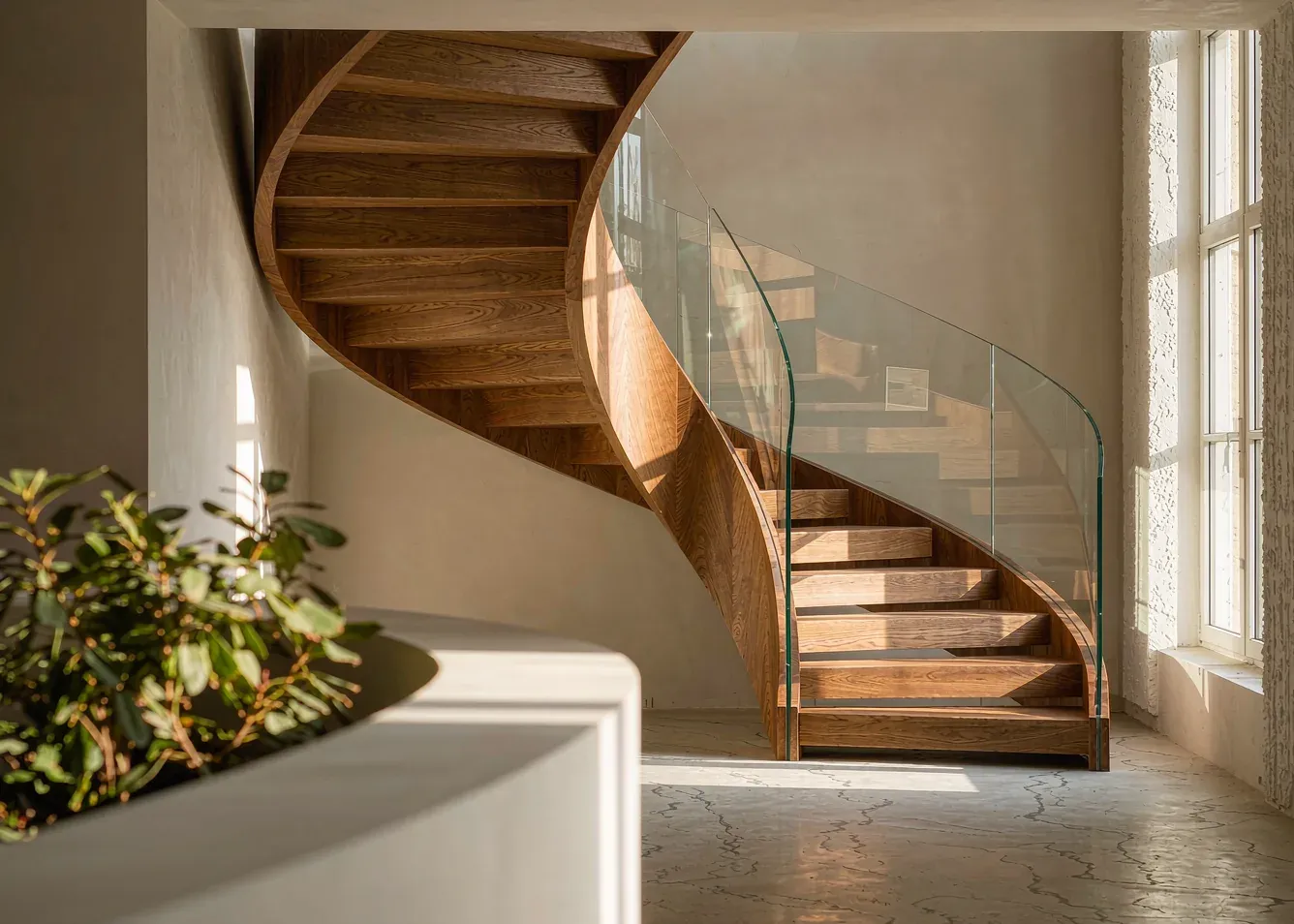 Modern oak and glass staircase in a bright Foshan villa