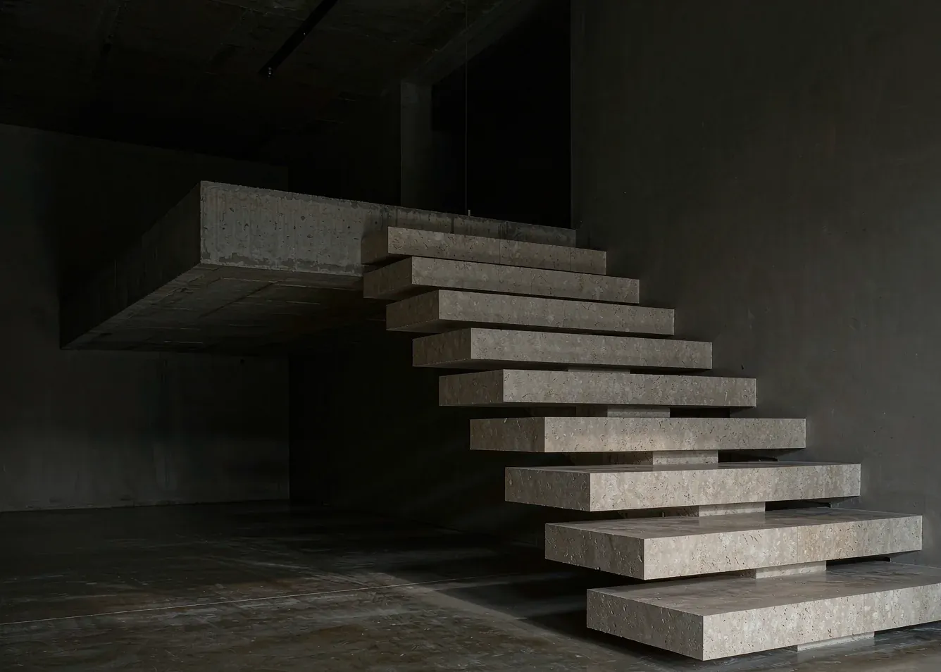 Cantilevered floating staircase in a concrete loft