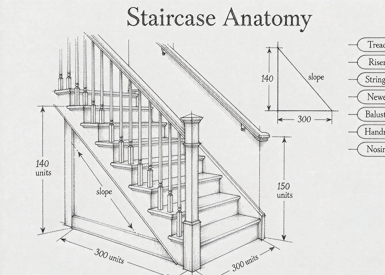Staircase anatomy blueprint with labeled parts