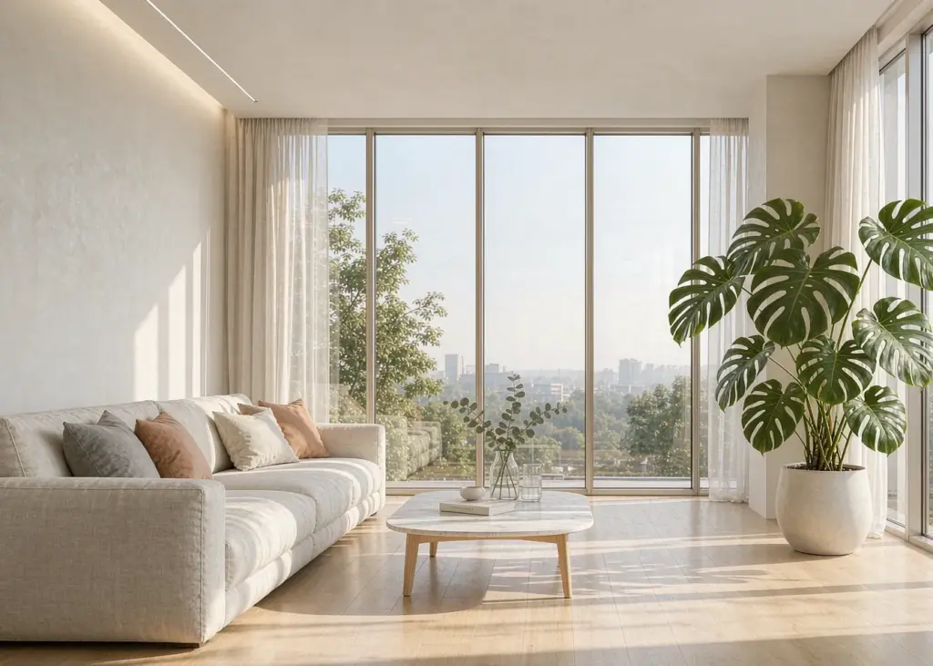 Modern living room with aluminum-framed windows and sunlight