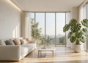 Modern living room with aluminum-framed windows and sunlight
