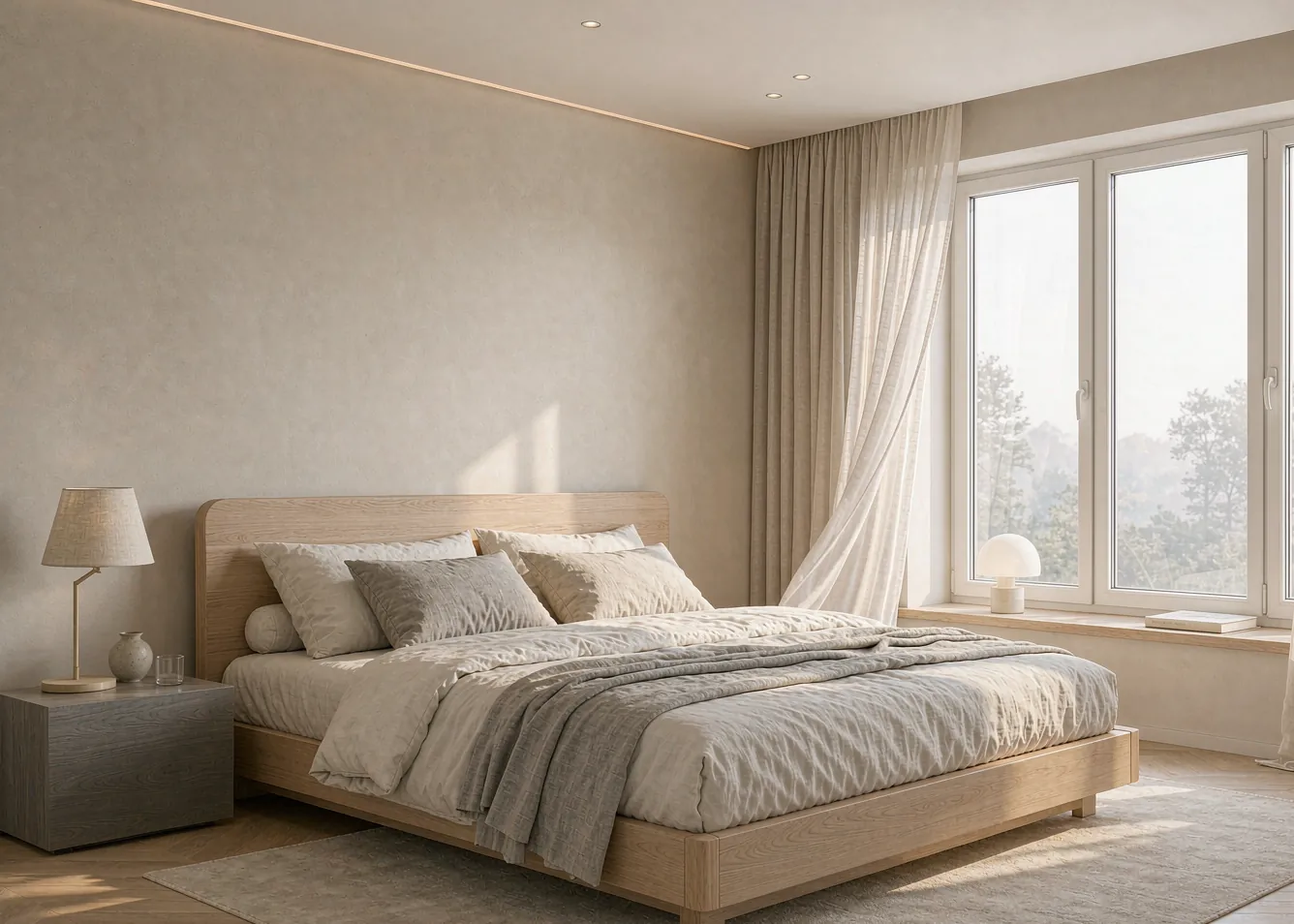 Modern neutral bedroom with double-glazed window