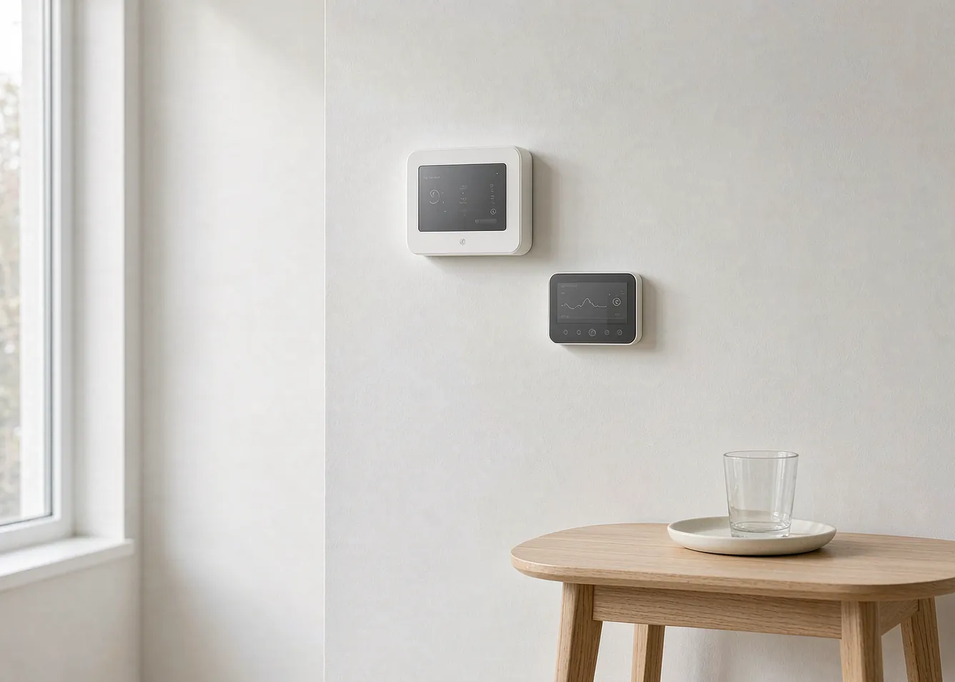 Modern interior with smart thermostat and energy monitor