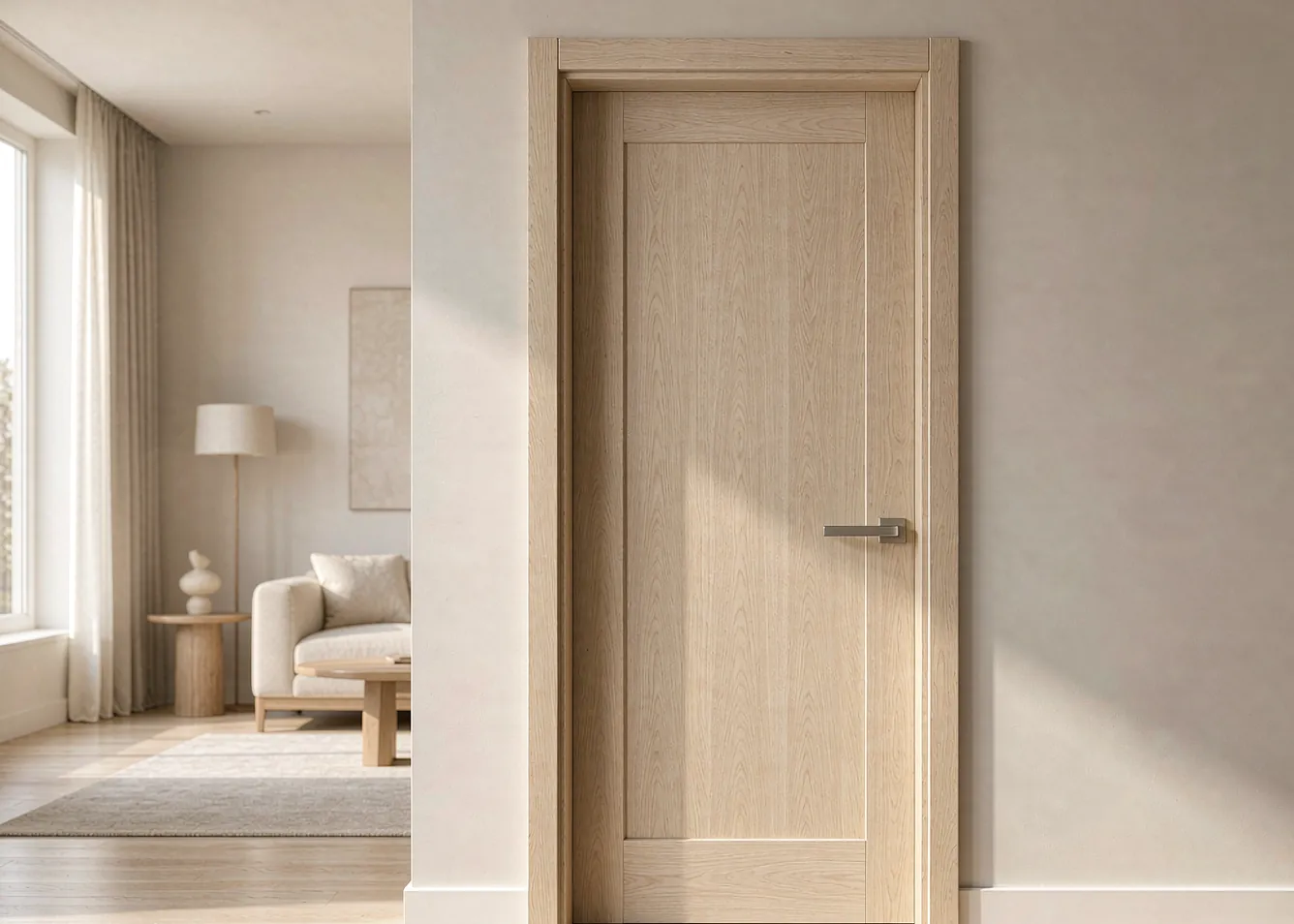 finished modern prehung interior door with sleek handle in a bright living room