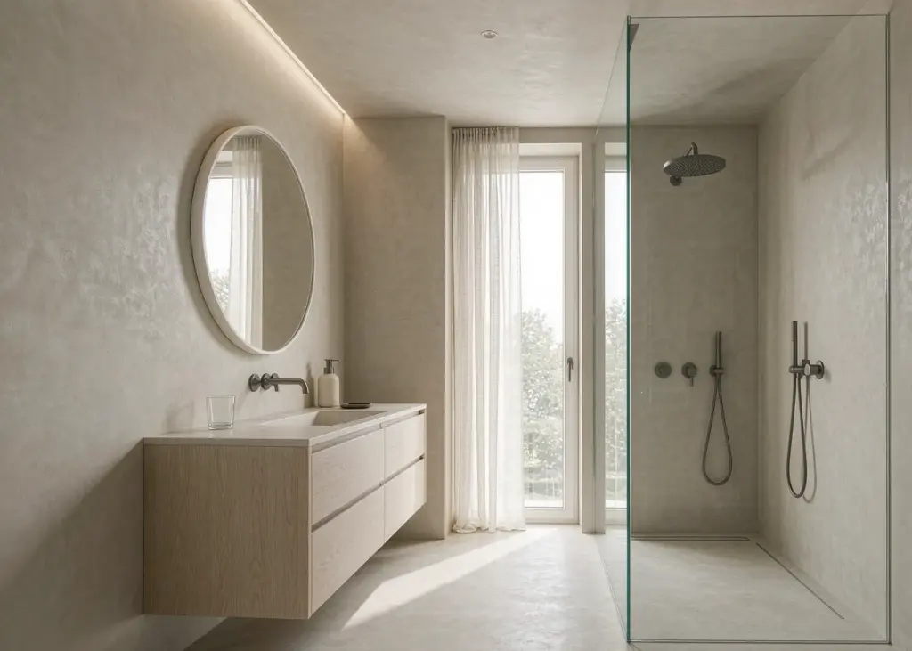Modern small bathroom remodel with white oak floating vanity and walk-in shower