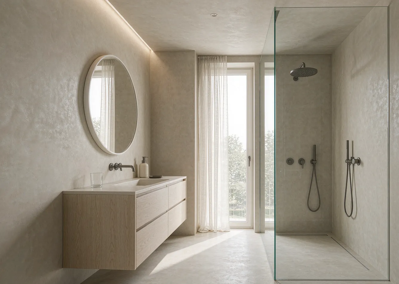 Modern small bathroom remodel with white oak floating vanity and walk-in shower