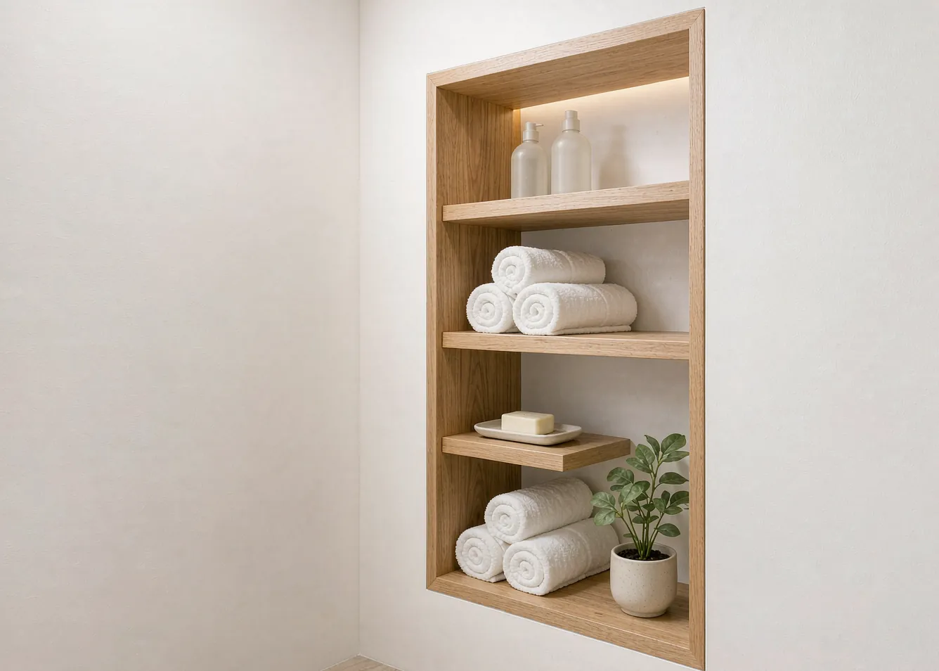 Open oak shelving niche with towels in a small bathroom