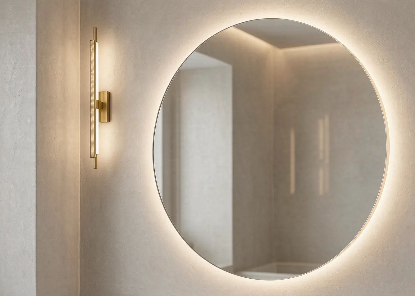 Backlit round mirror and brass sconce in a modern bathroom
